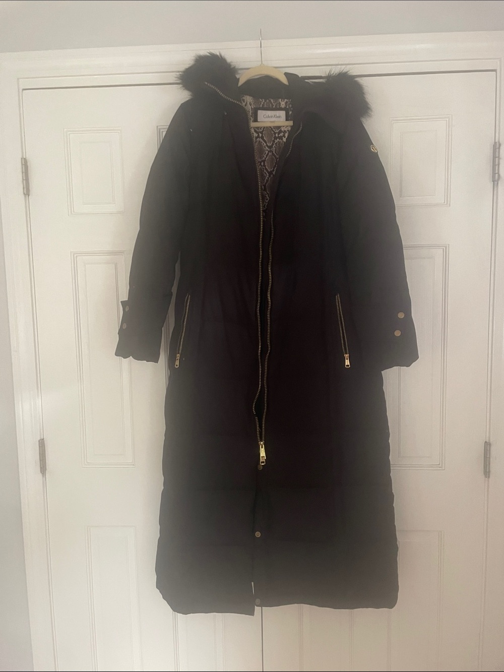 Calvin Klein Black Quilted Long Puffer Coat with Faux Fur Hood 50 percent down